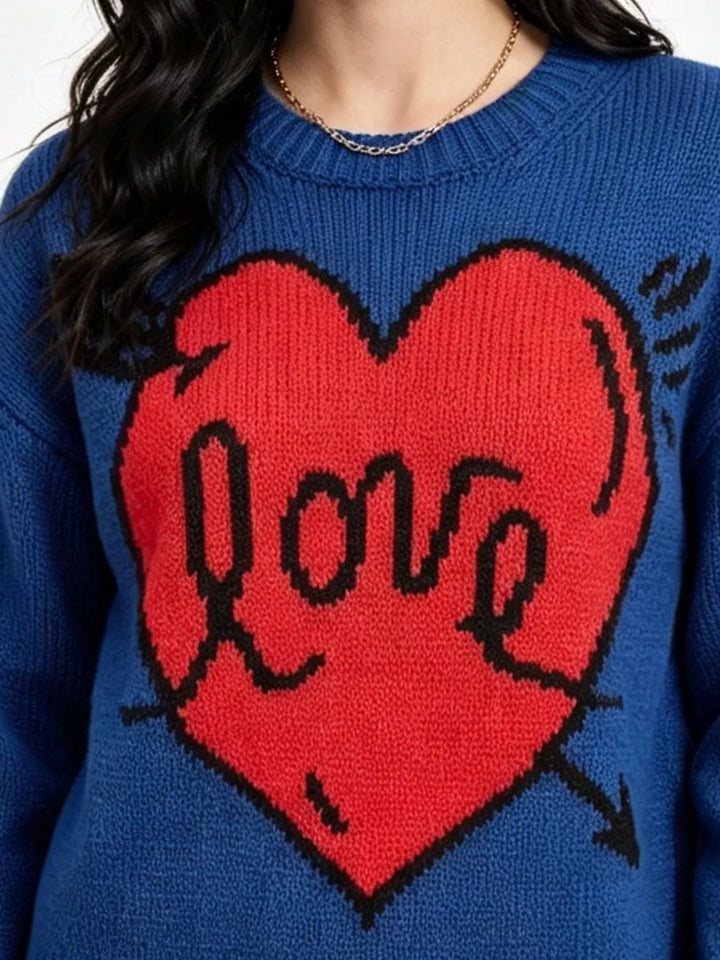 Heart and arrow graphic knit sweater with ribbed trim