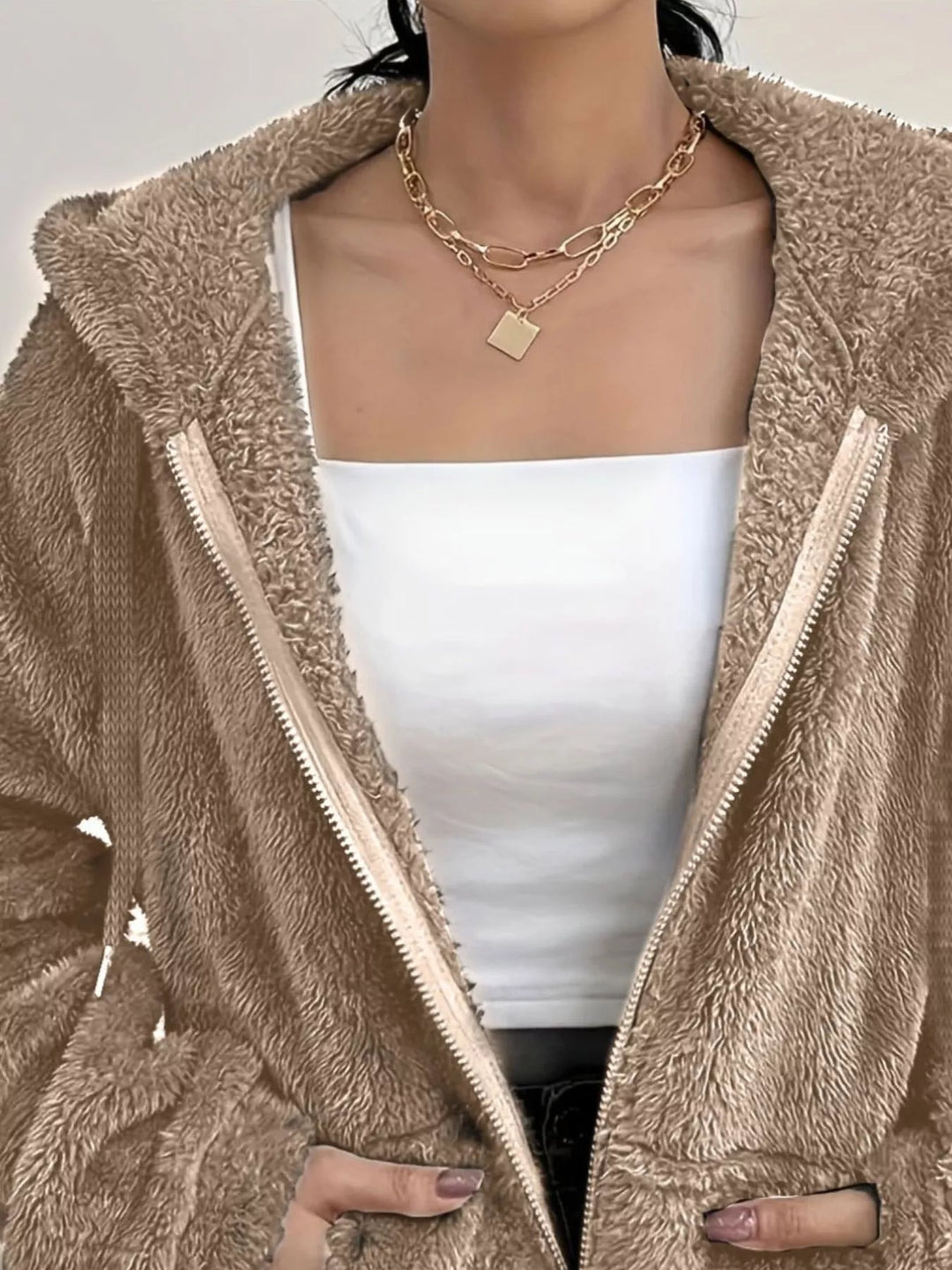 Fuzzy fleece hooded zip-up jacket with front pockets