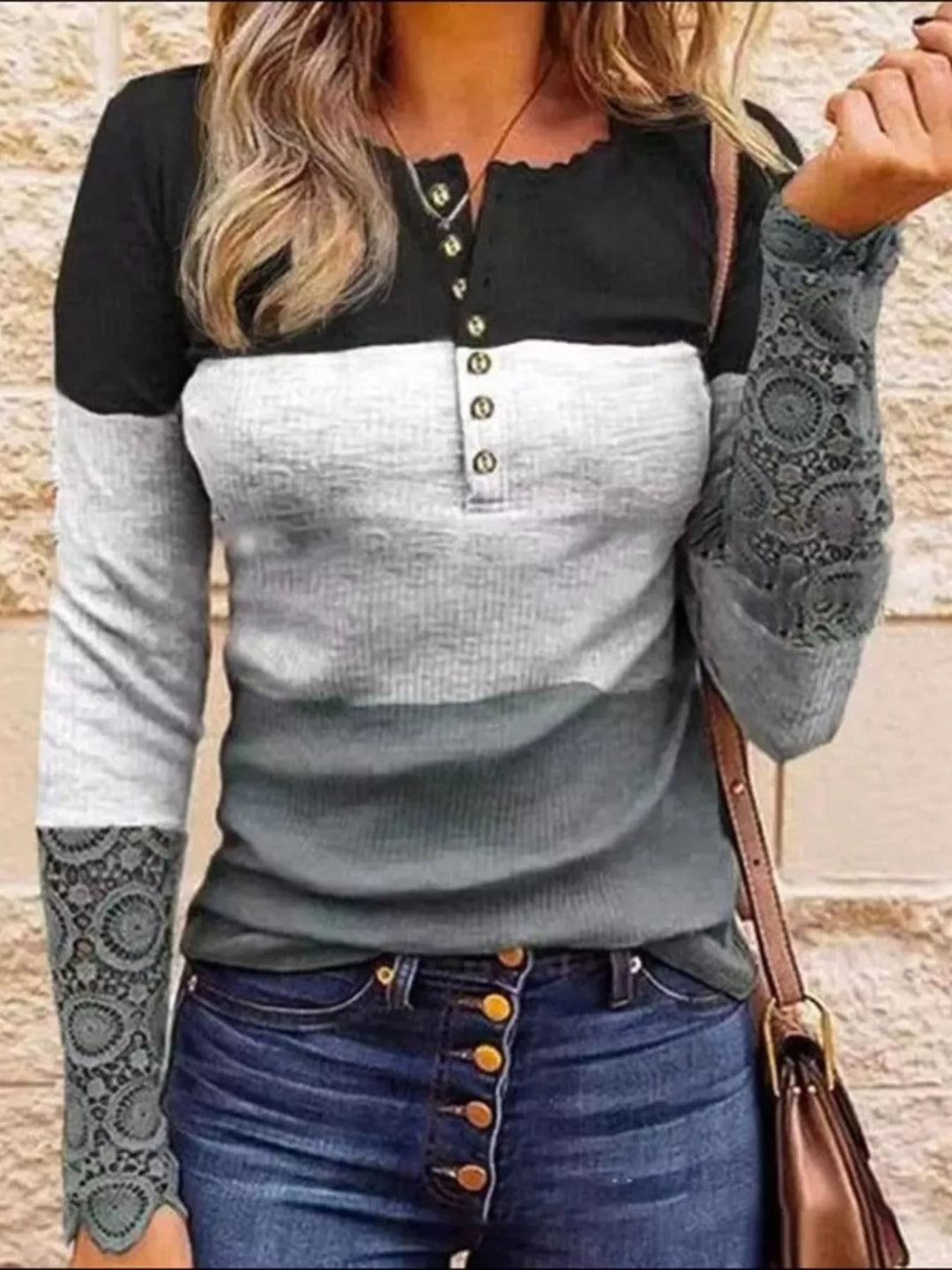 Grey Color block henley top with lace-trim sleeves