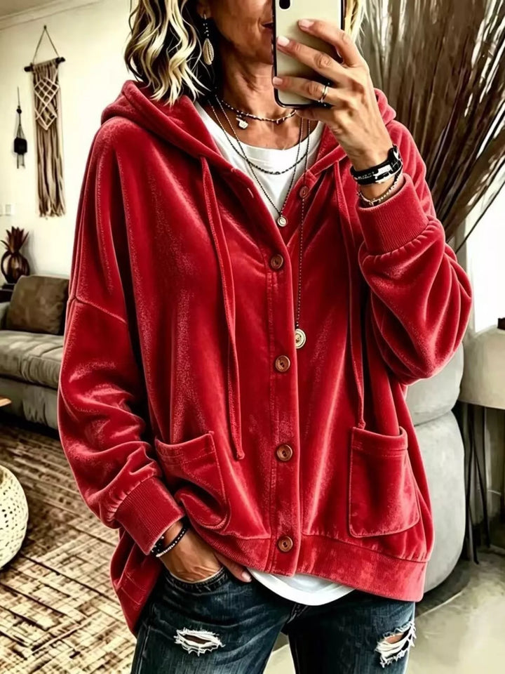 Red Oversized hooded button-up jacket with patch pockets