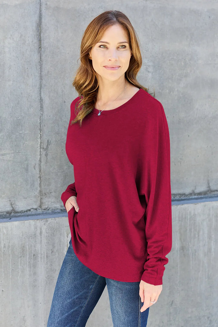 Relaxed drop-shoulder round neck long sleeve top