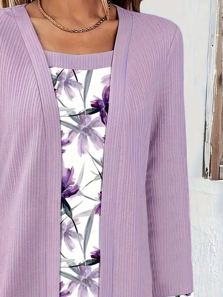 Floral two-in-one layered top with ribbed knit cardigan