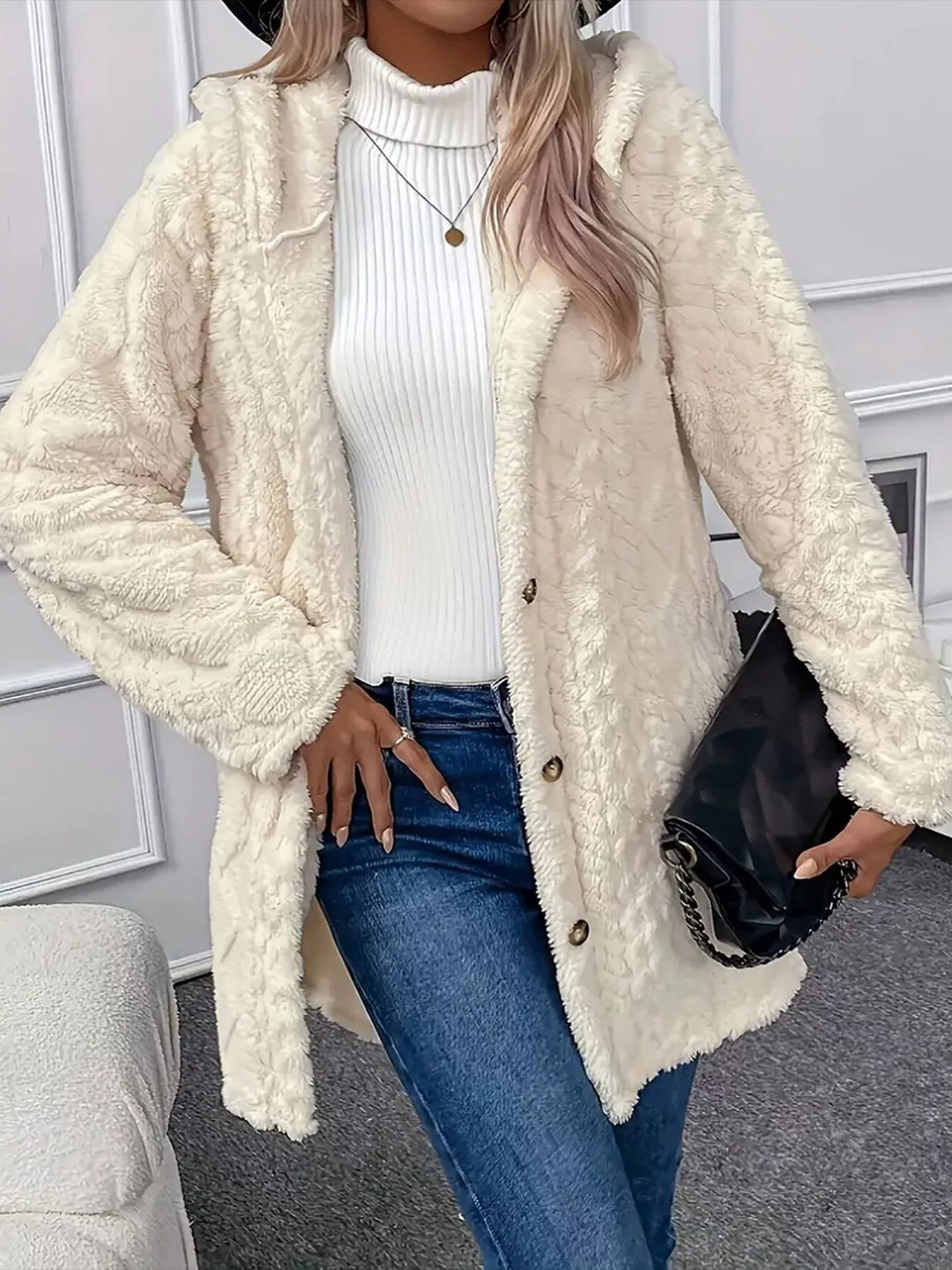 Cream Textured faux fur teddy coat with button front