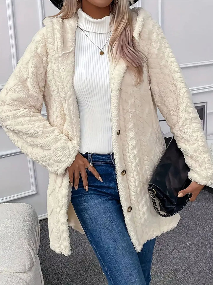 Cream Textured faux fur teddy coat with button front