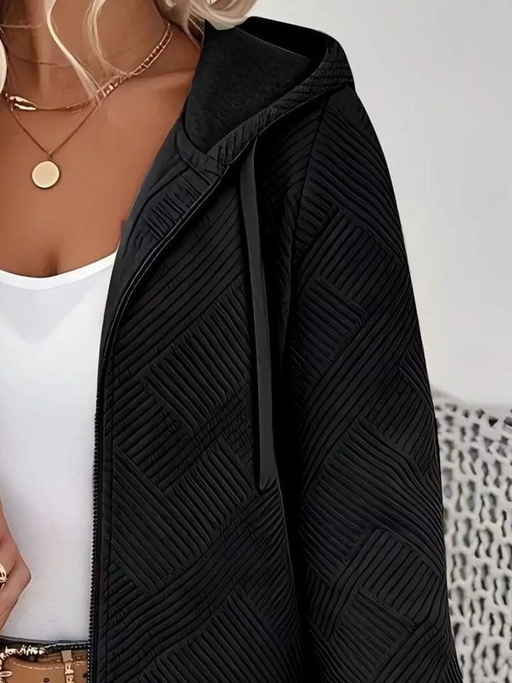 Textured zip-up hooded jacket with drawstrings