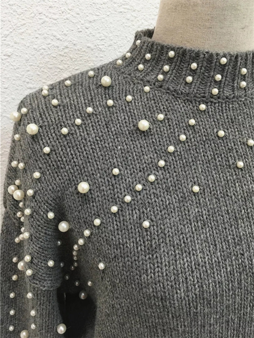 Pearl-embellished mock neck sweater with balloon sleeves