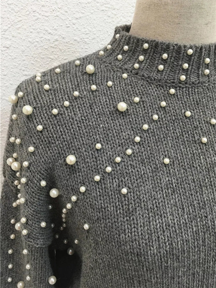 Pearl-embellished mock neck sweater with balloon sleeves