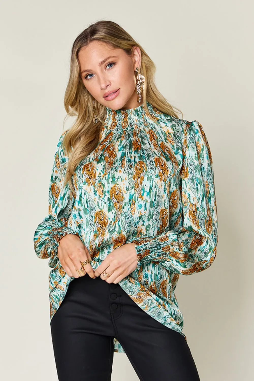 Printed smocked frill mock neck long sleeve blouse