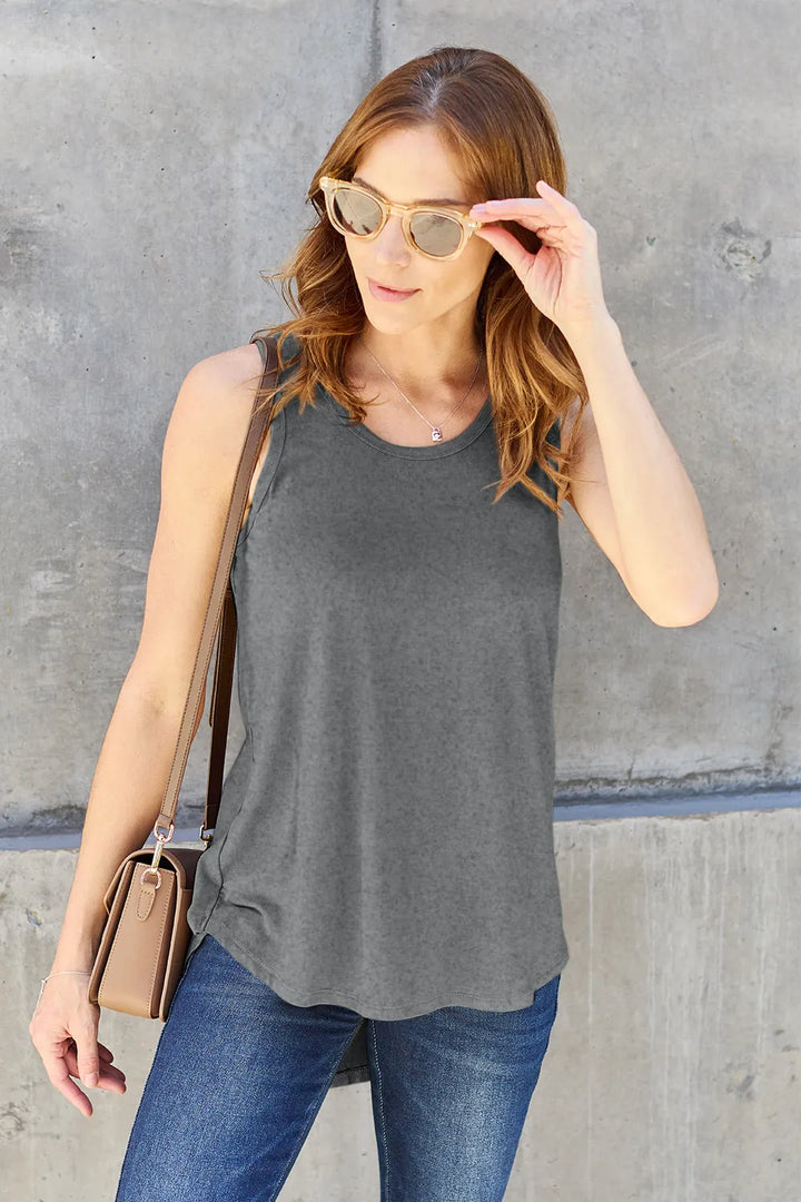 Gray Round neck curved hem rayon tank top