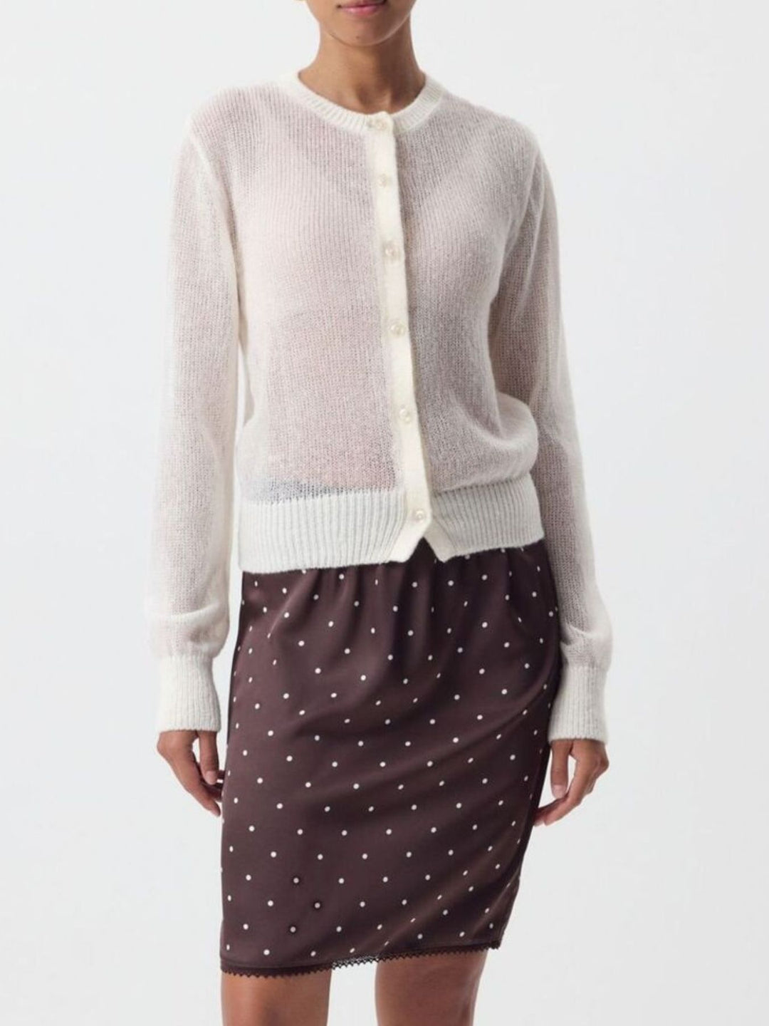 Ivory Sheer open-knit button-front cardigan with long sleeves