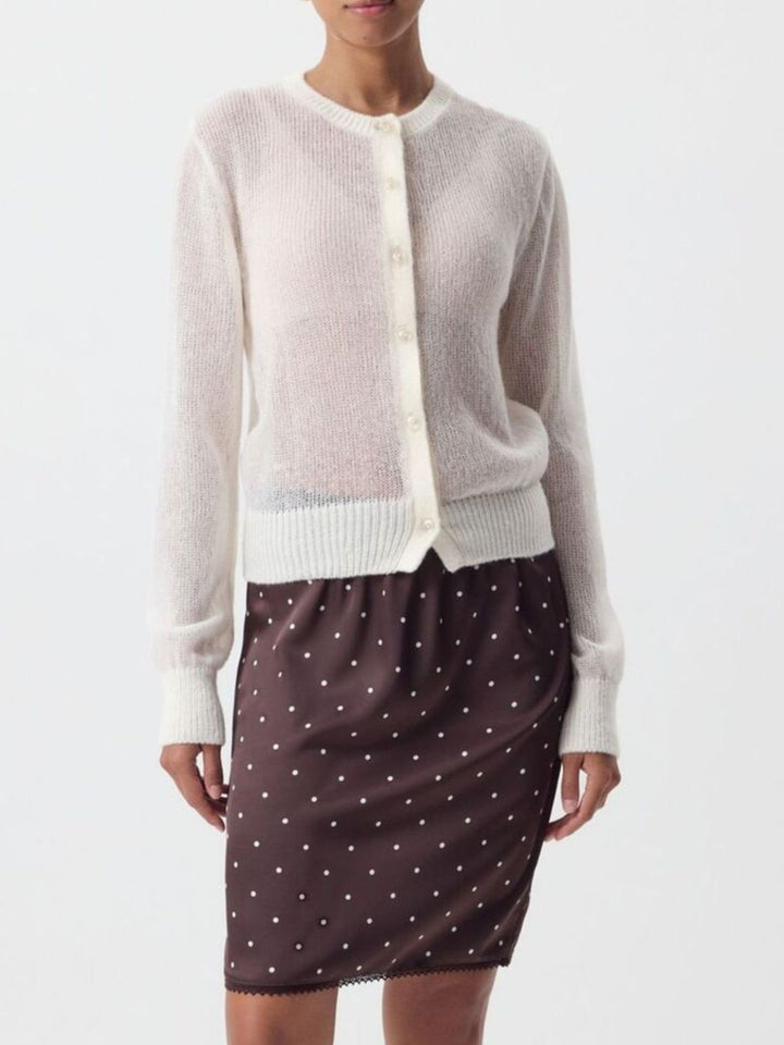 Ivory Sheer open-knit button-front cardigan with long sleeves