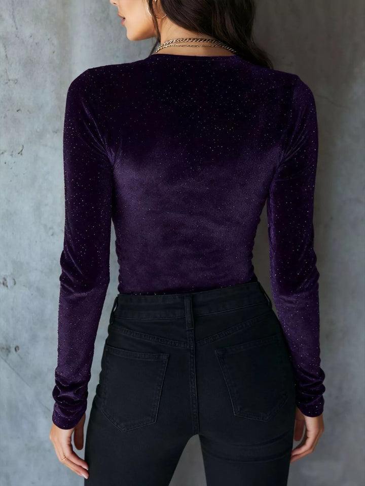 Glitter velvet ruched sweetheart-neck long sleeve top