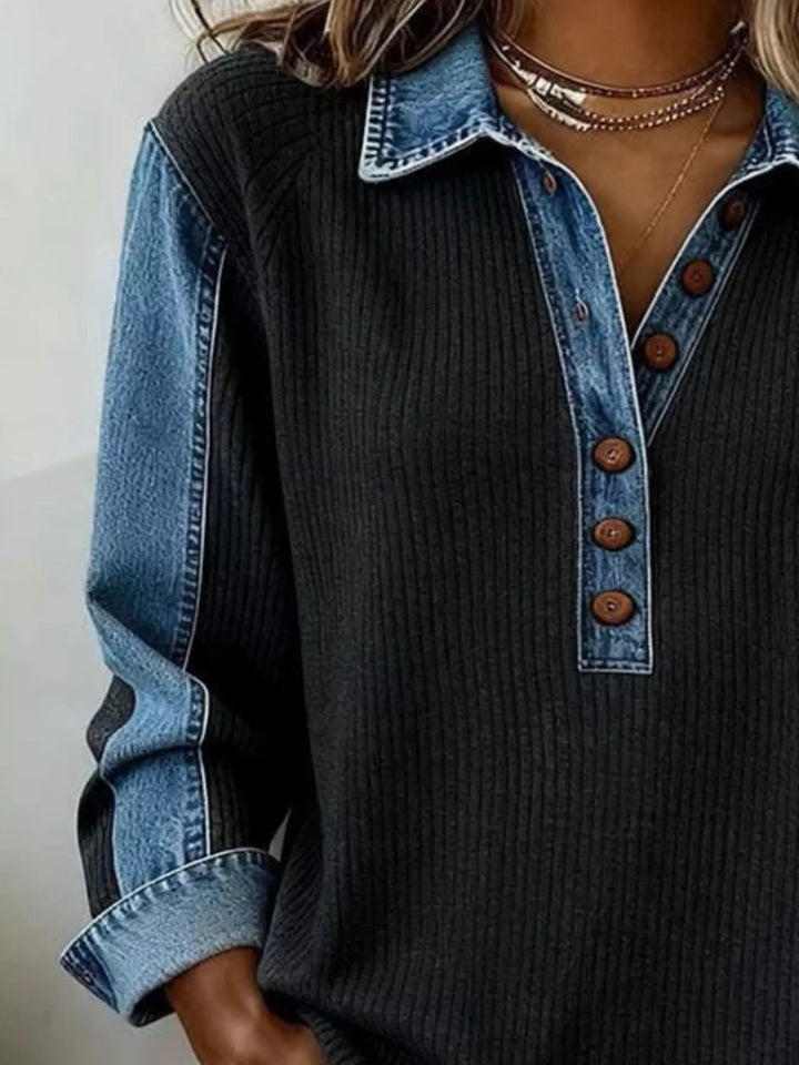 Ribbed knit sweatshirt with denim collar and button placket