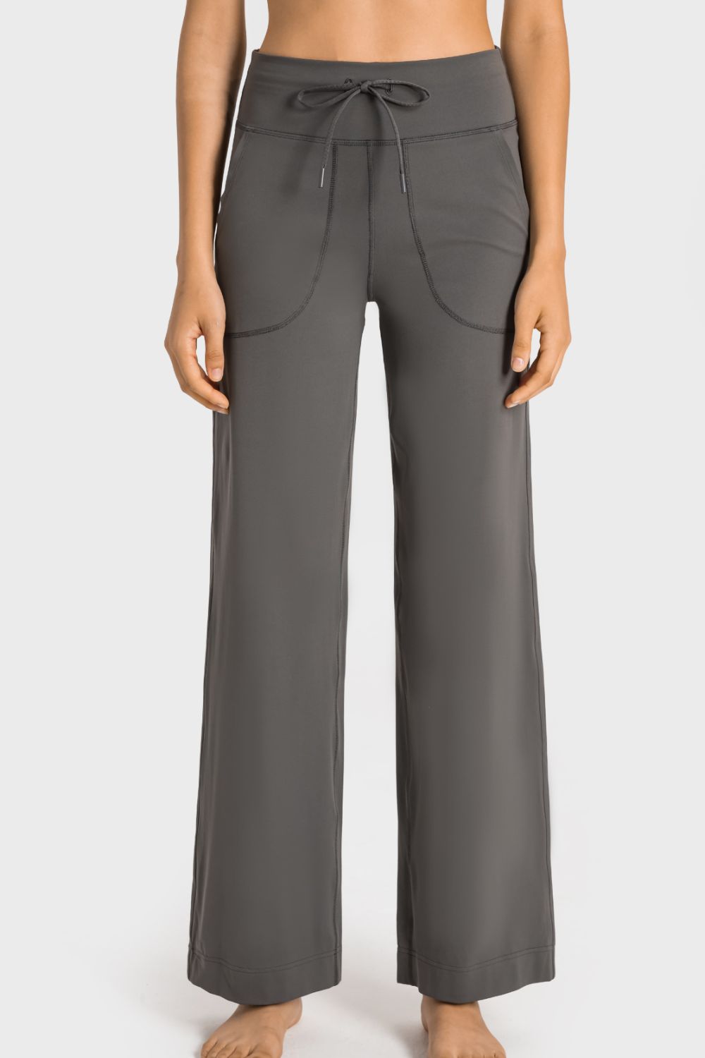 Gray High-waist drawstring wide leg pants with patch pockets