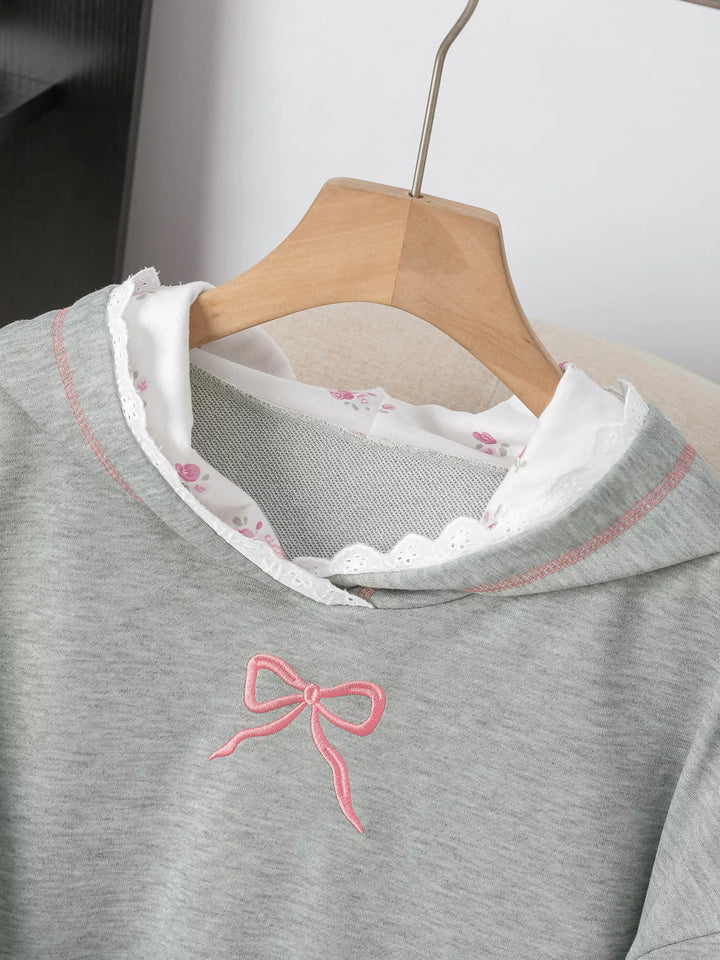 Bow embroidered hoodie with lace trim and front pocket