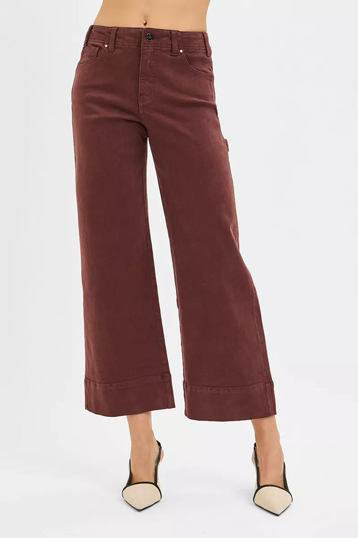Brown High-rise tummy control wide-leg crop pants with cuffed hem