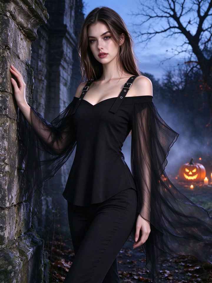 Black Off-shoulder buckle strap top with sheer mesh bell sleeves