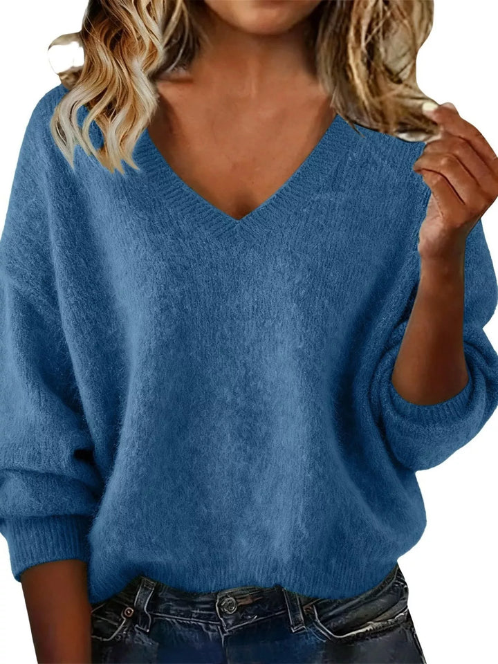 Blue Dropped-shoulder V-neck brushed knit sweater