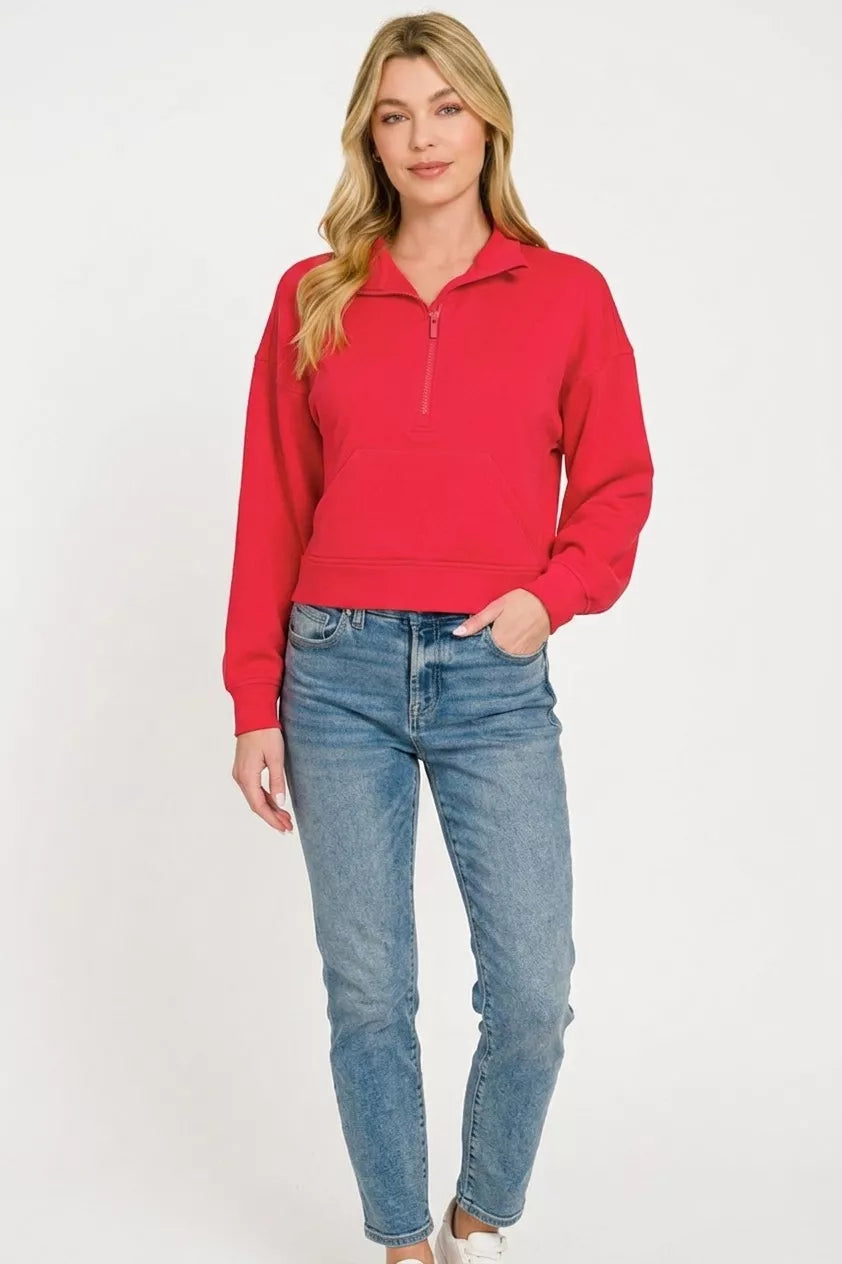 Cropped scuba half-zip pullover with kangaroo pocket