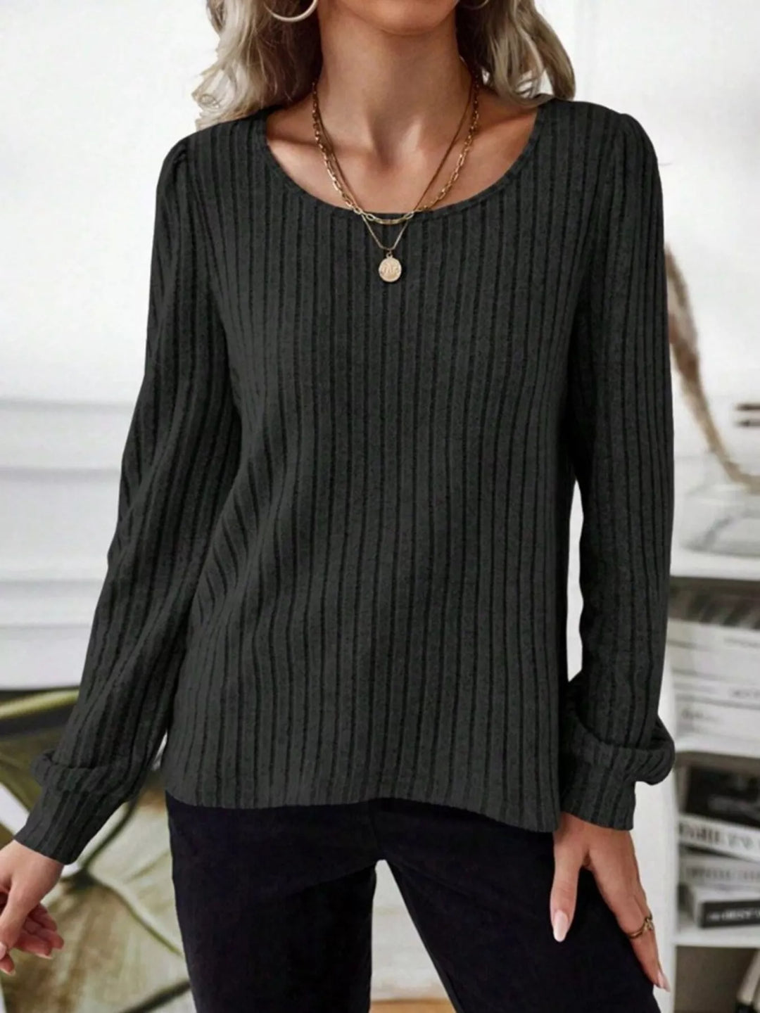 Ribbed knit scoop neck long sleeve top