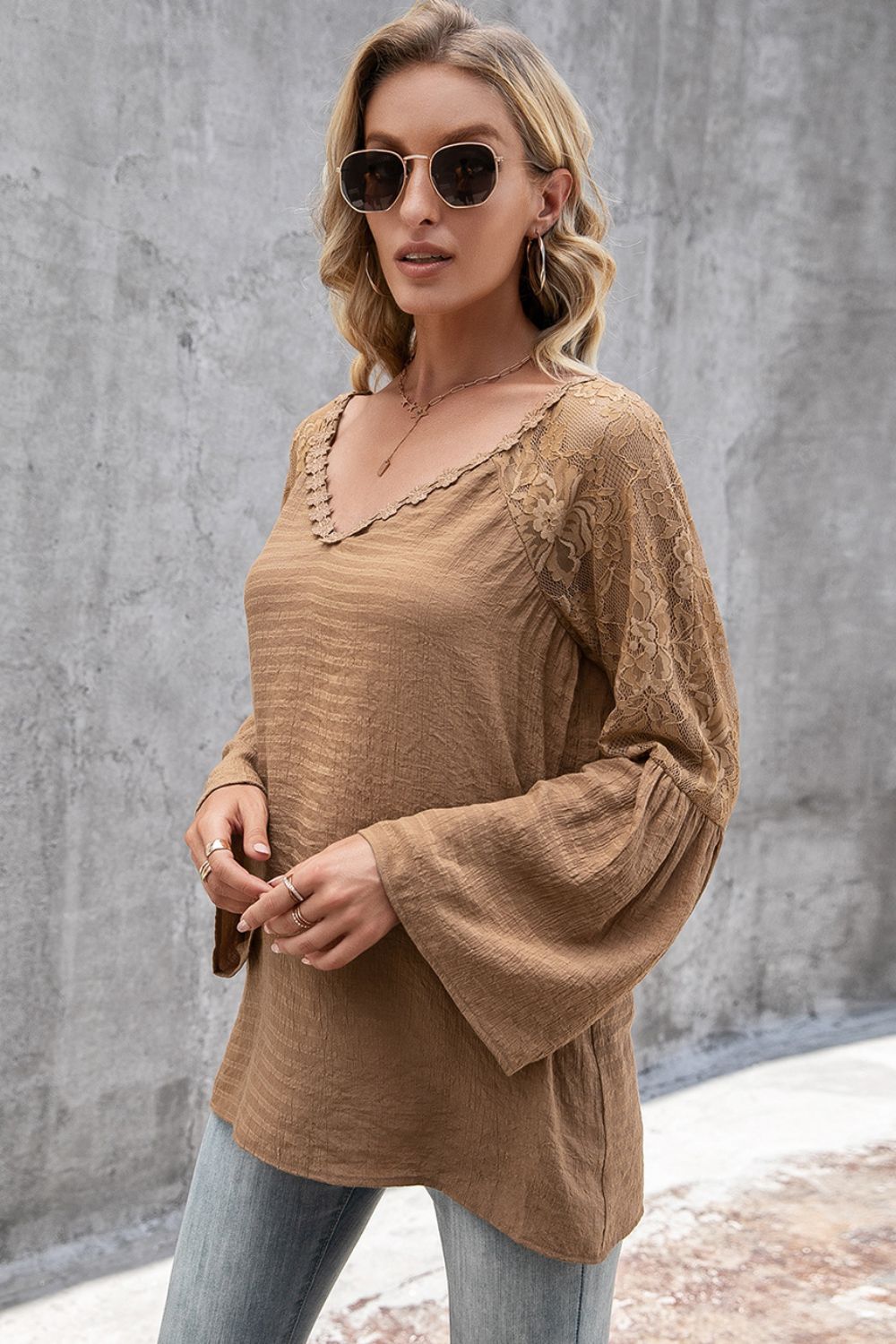 Floral lace panel V-neck bell sleeve top