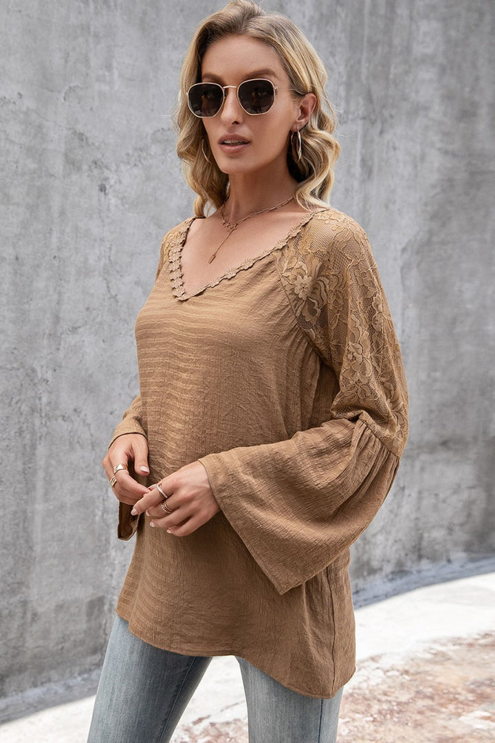 Floral lace panel V-neck bell sleeve top