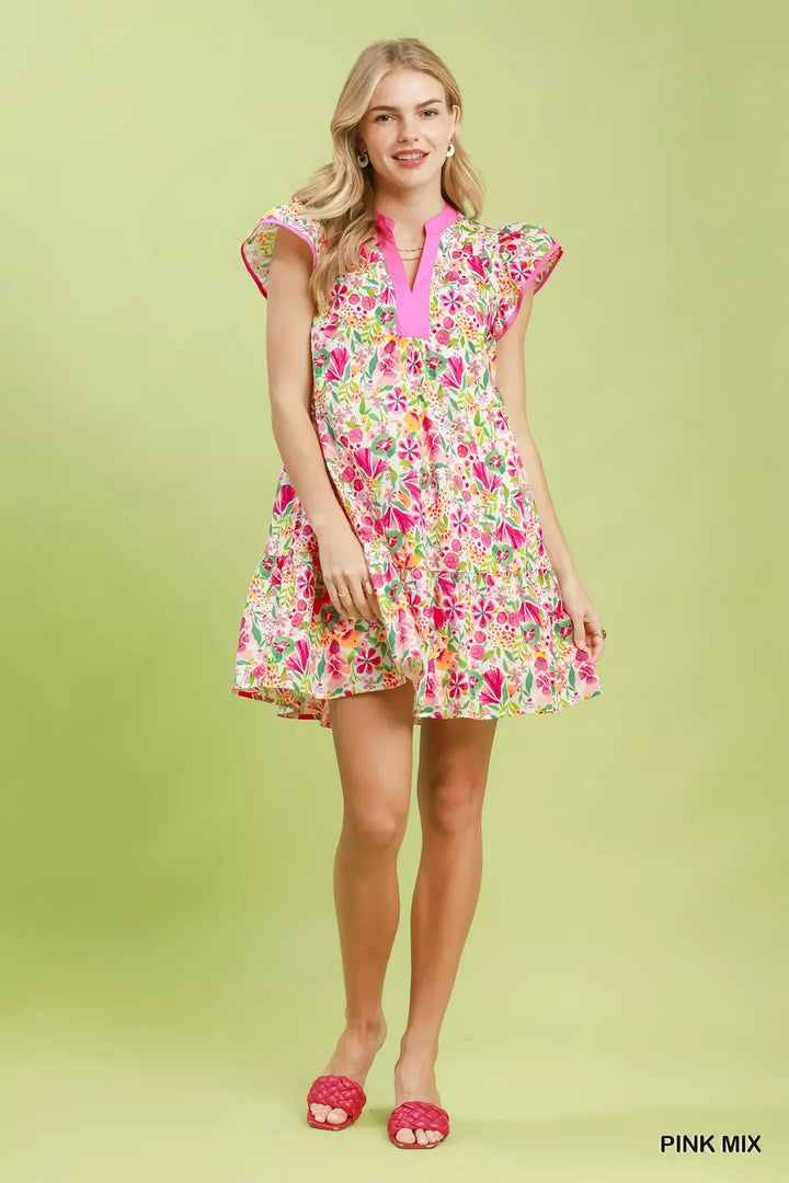 Floral flutter sleeve tiered mini dress with pockets
