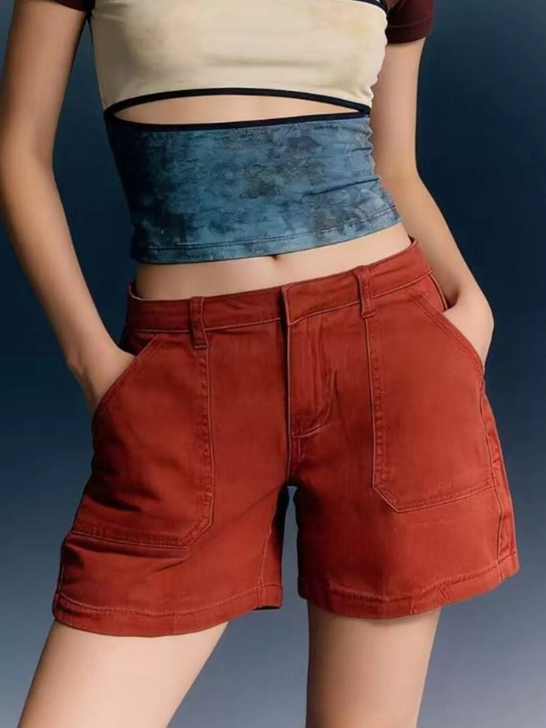 Caramel Patch pocket mid-rise denim shorts with cuffed hem