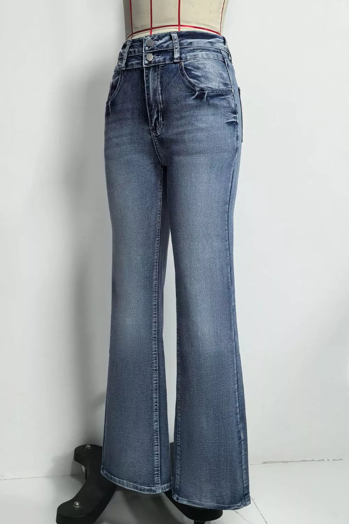Faded high-rise flare jeans with double-button waist