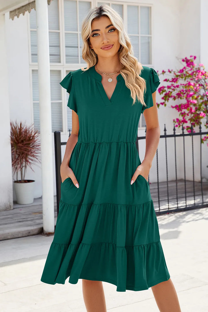 Dark Green Flutter sleeve tiered midi dress with notched V-neck