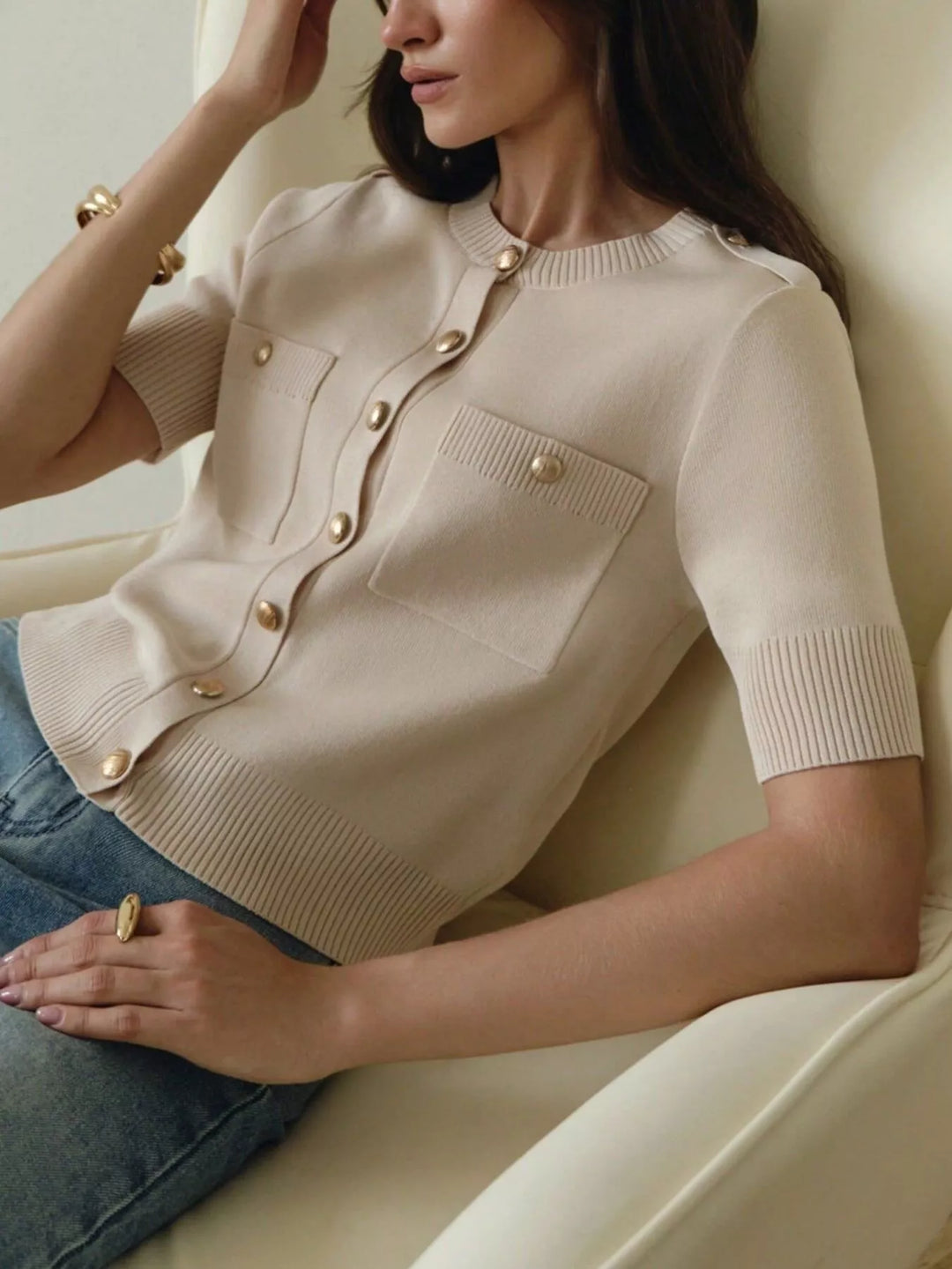 Short sleeve knit button-down cardigan with gold buttons