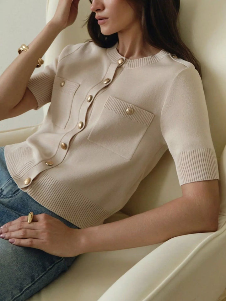 Short sleeve knit button-down cardigan with gold buttons