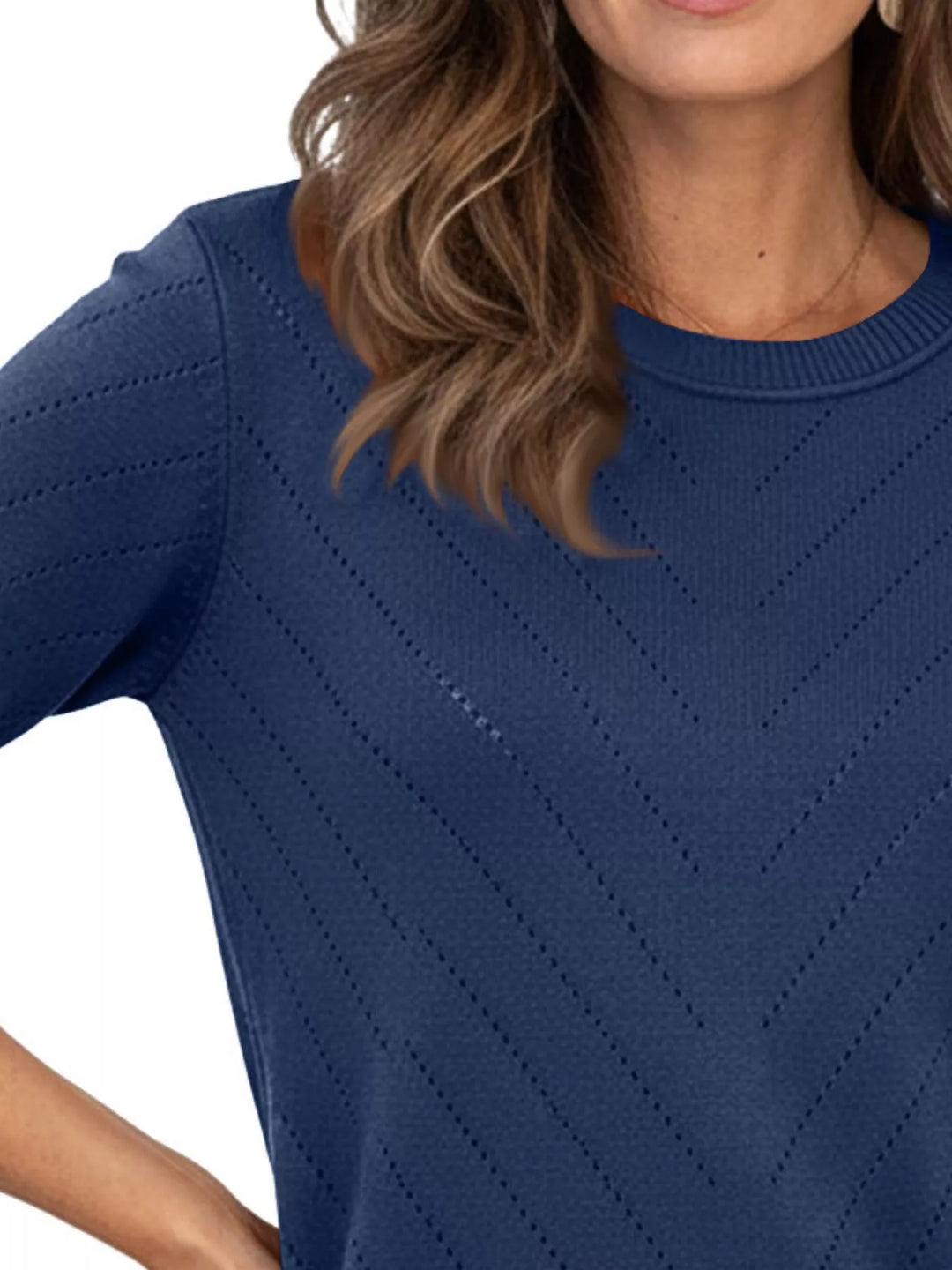 Openwork chevron knit crew neck pullover sweater
