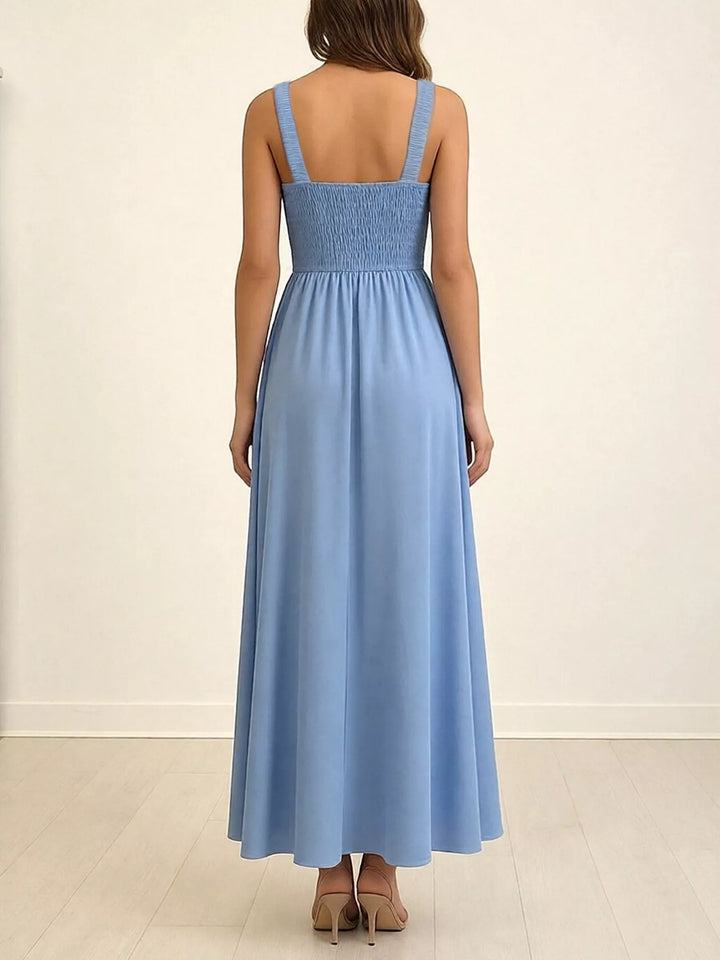 Smocked-strap square-neck maxi dress with front slit