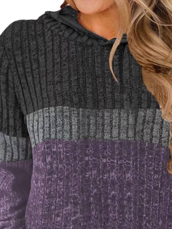 Color block ribbed knit hoodie with kangaroo pocket