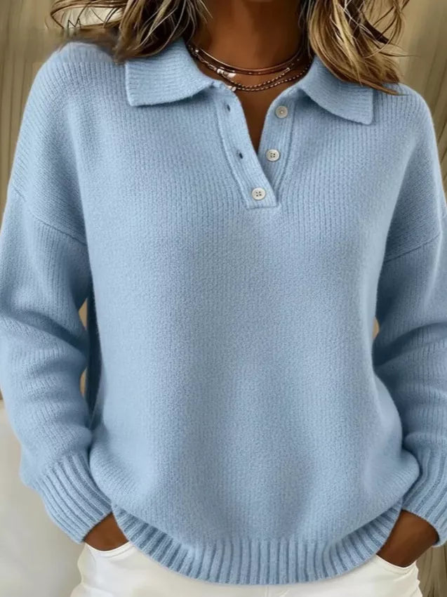Light Blue Dropped shoulder polo collar button knit sweater