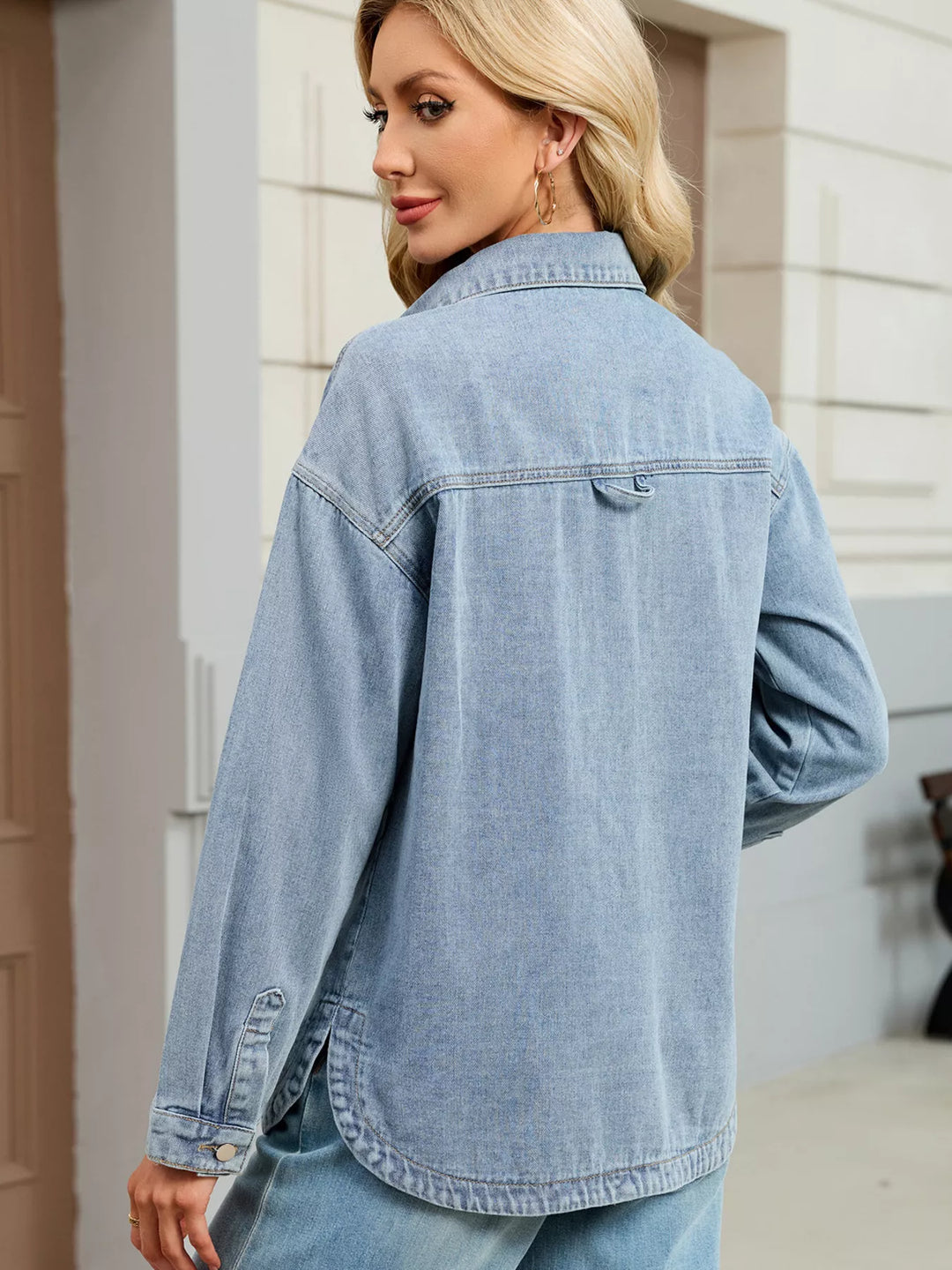 Dropped shoulder button-up denim jacket with chest pockets