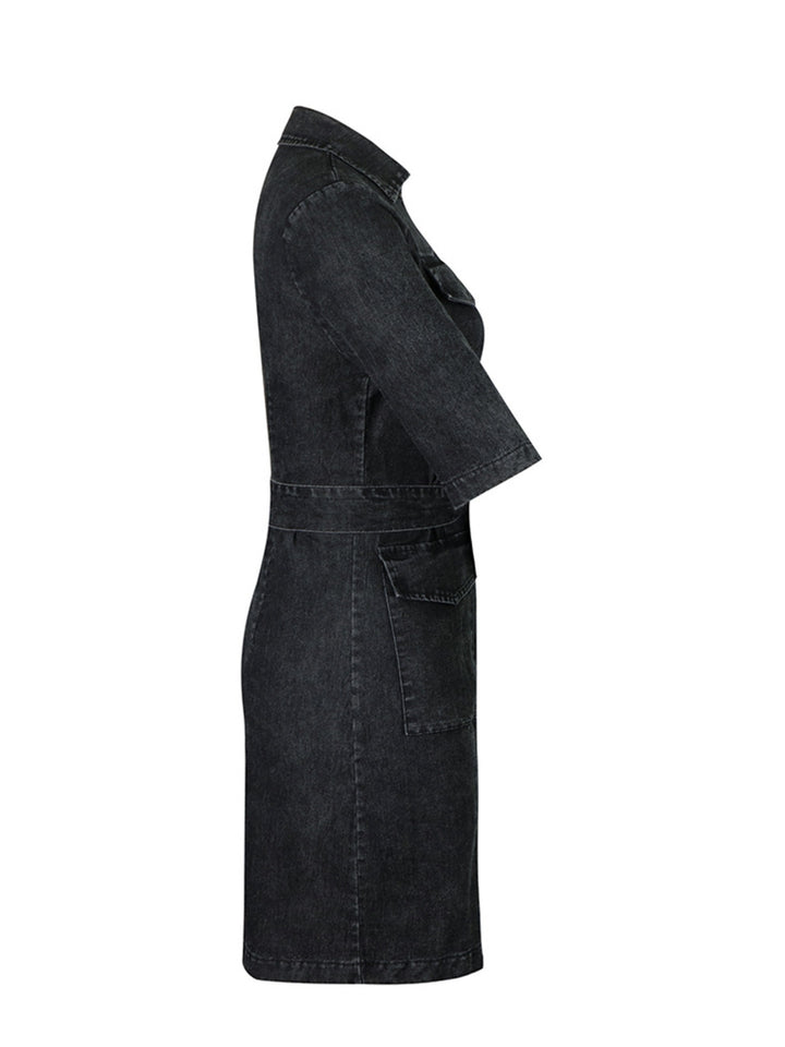 Zip-front tie-waist short sleeve denim mini dress