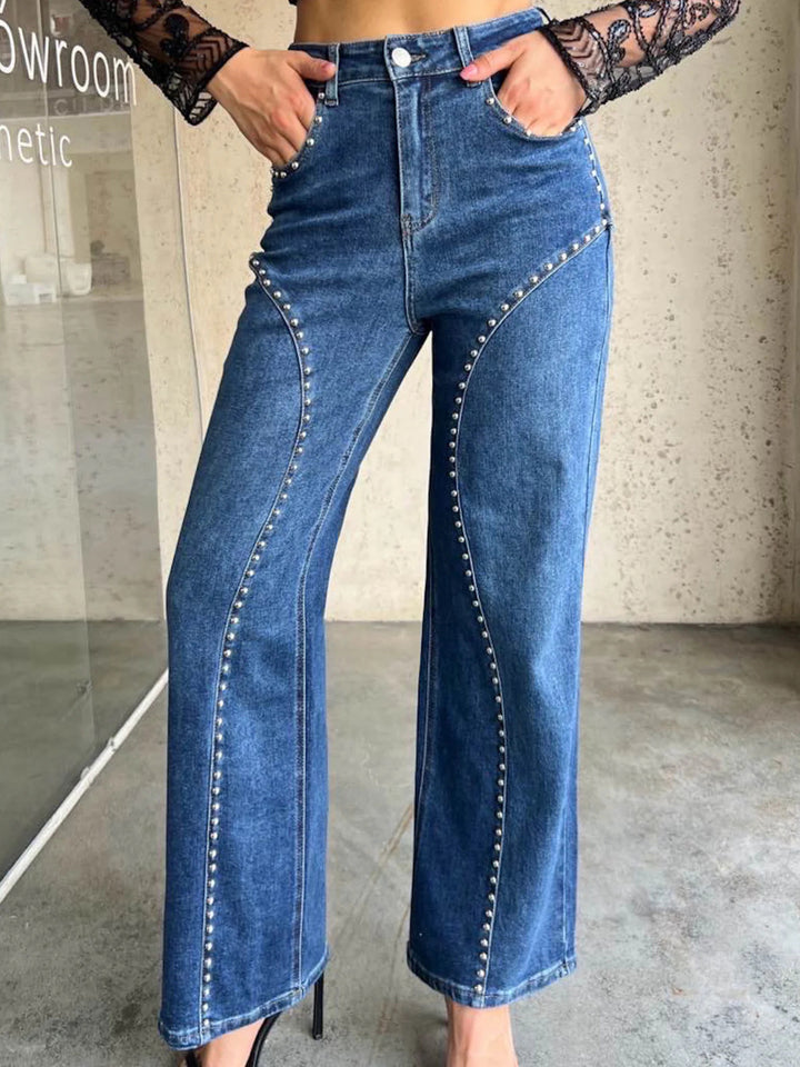 Dusty Blue Studded high-rise wide-leg jeans with curved seam detail