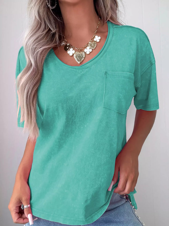 Mineral wash V-neck cotton tee with chest pocket