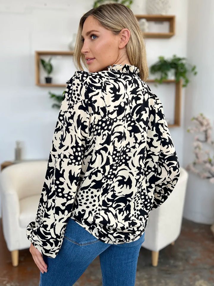 Printed balloon sleeve button-down shirt with ruffle trim