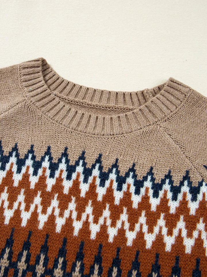 Fair Isle geometric knit crew neck sweater