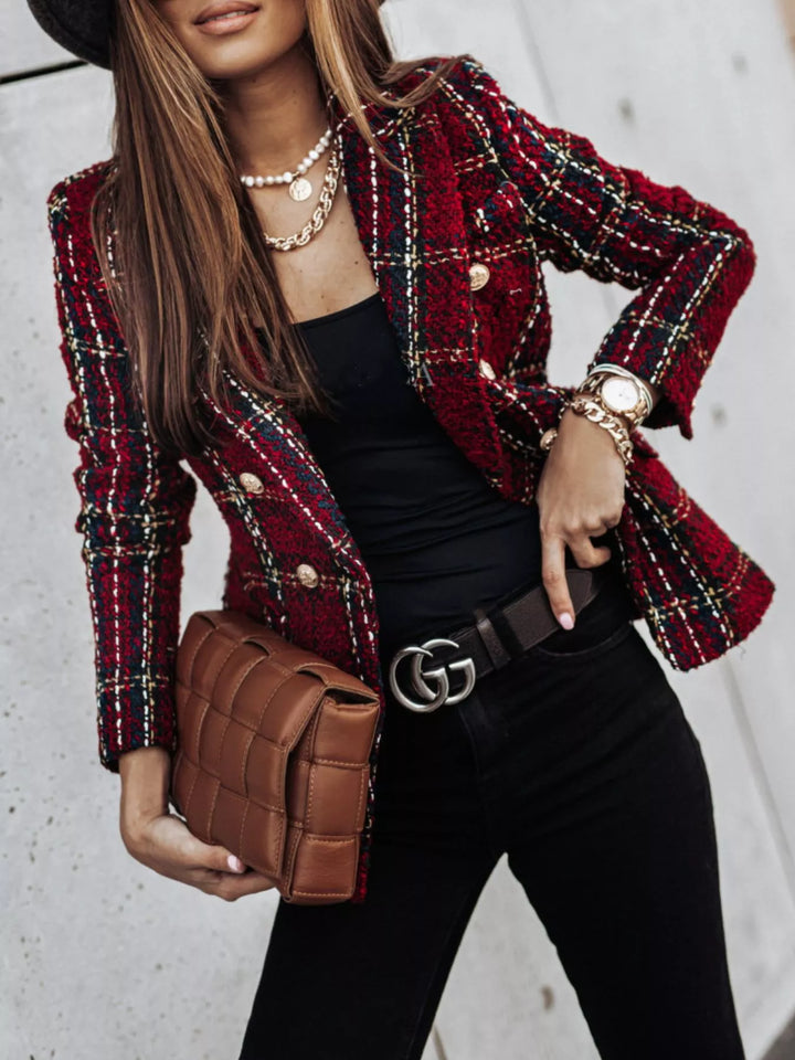 Wine Red Plaid tweed double-breasted blazer with gold buttons