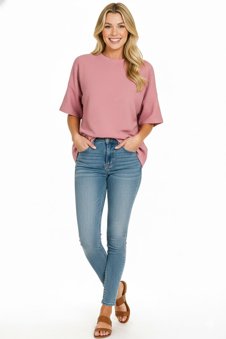 Ribbed drop-shoulder boxy tee with banded hem
