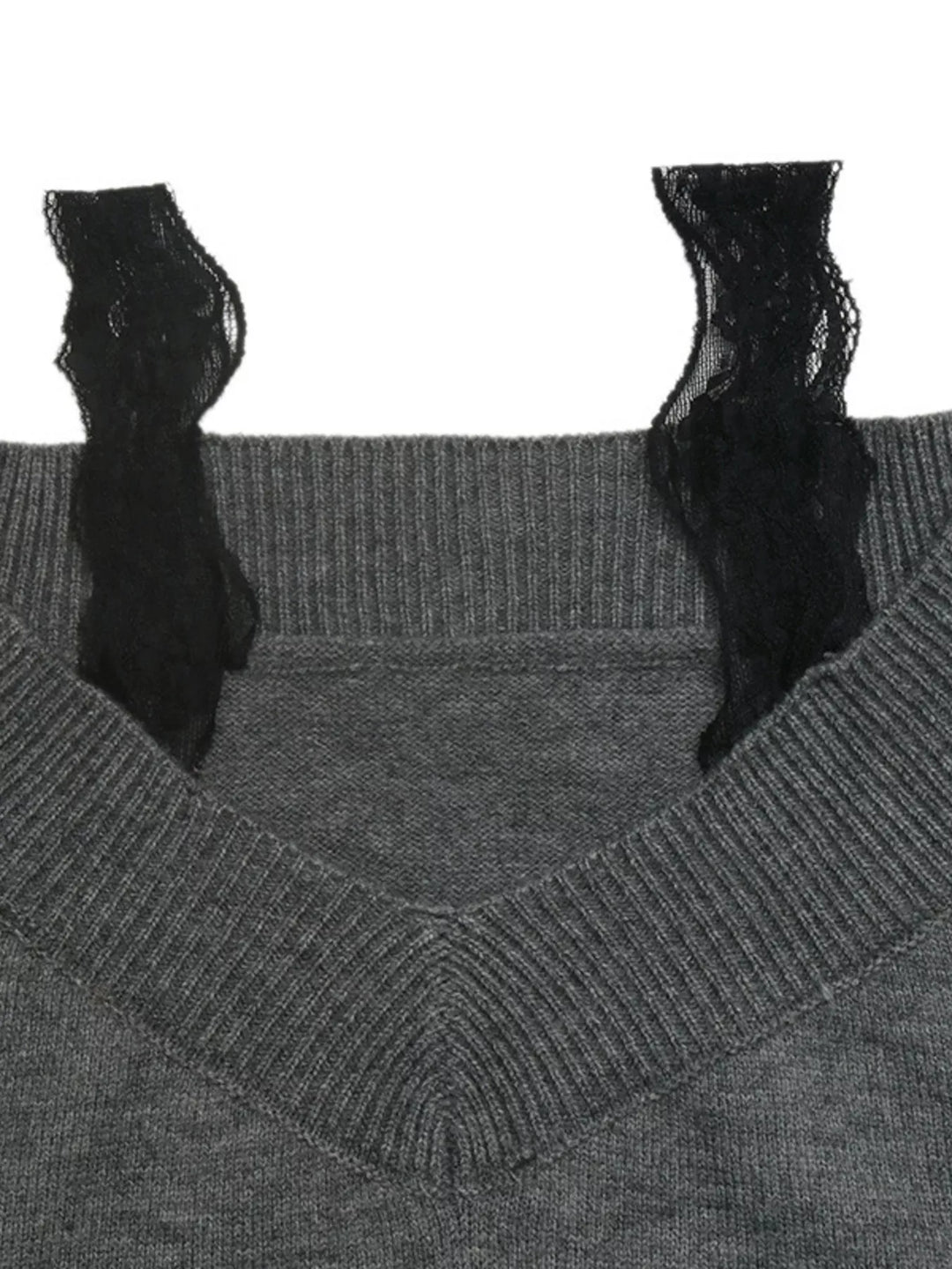 Lace trim off-shoulder V-neck knit sweater