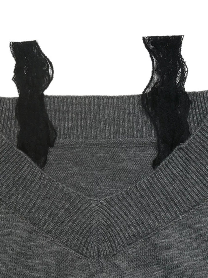 Lace trim off-shoulder V-neck knit sweater