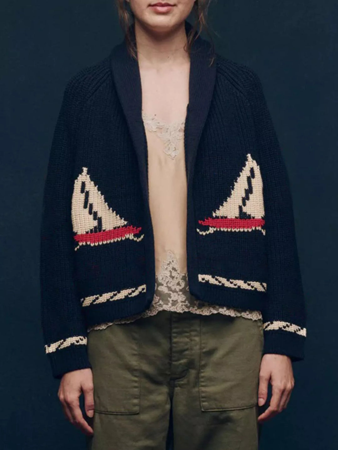 Open-front sailboat knit long sleeve cardigan