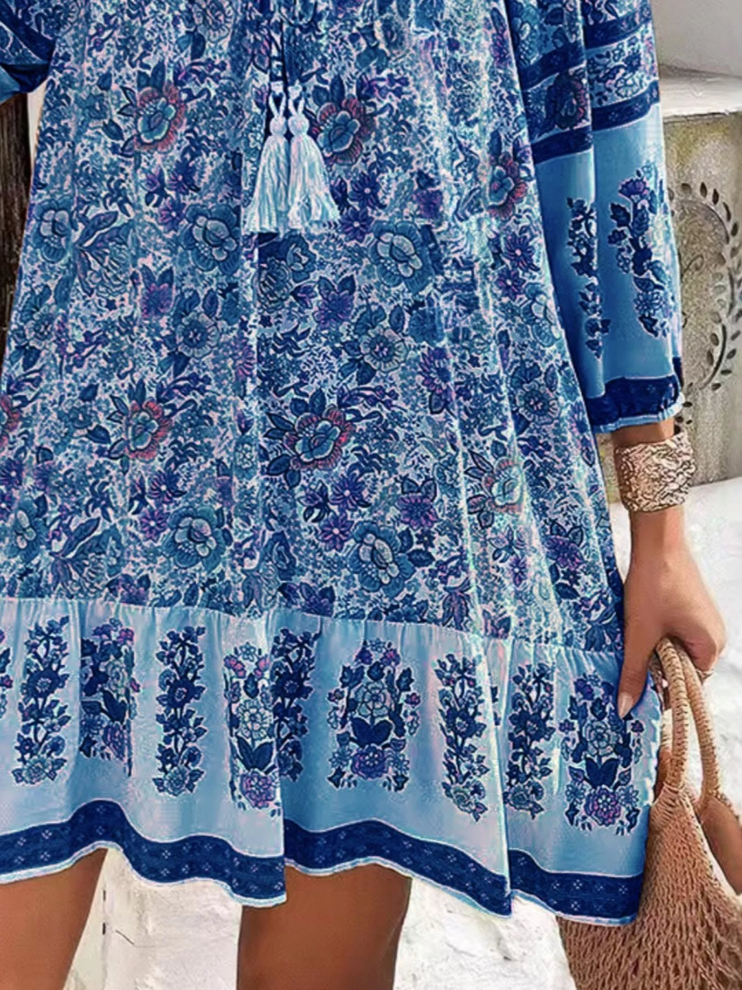 Boho floral v-neck mini dress with tassel tie and long sleeves