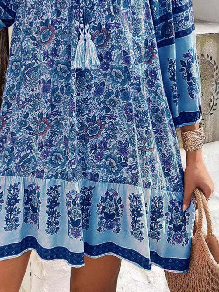 Boho floral v-neck mini dress with tassel tie and long sleeves