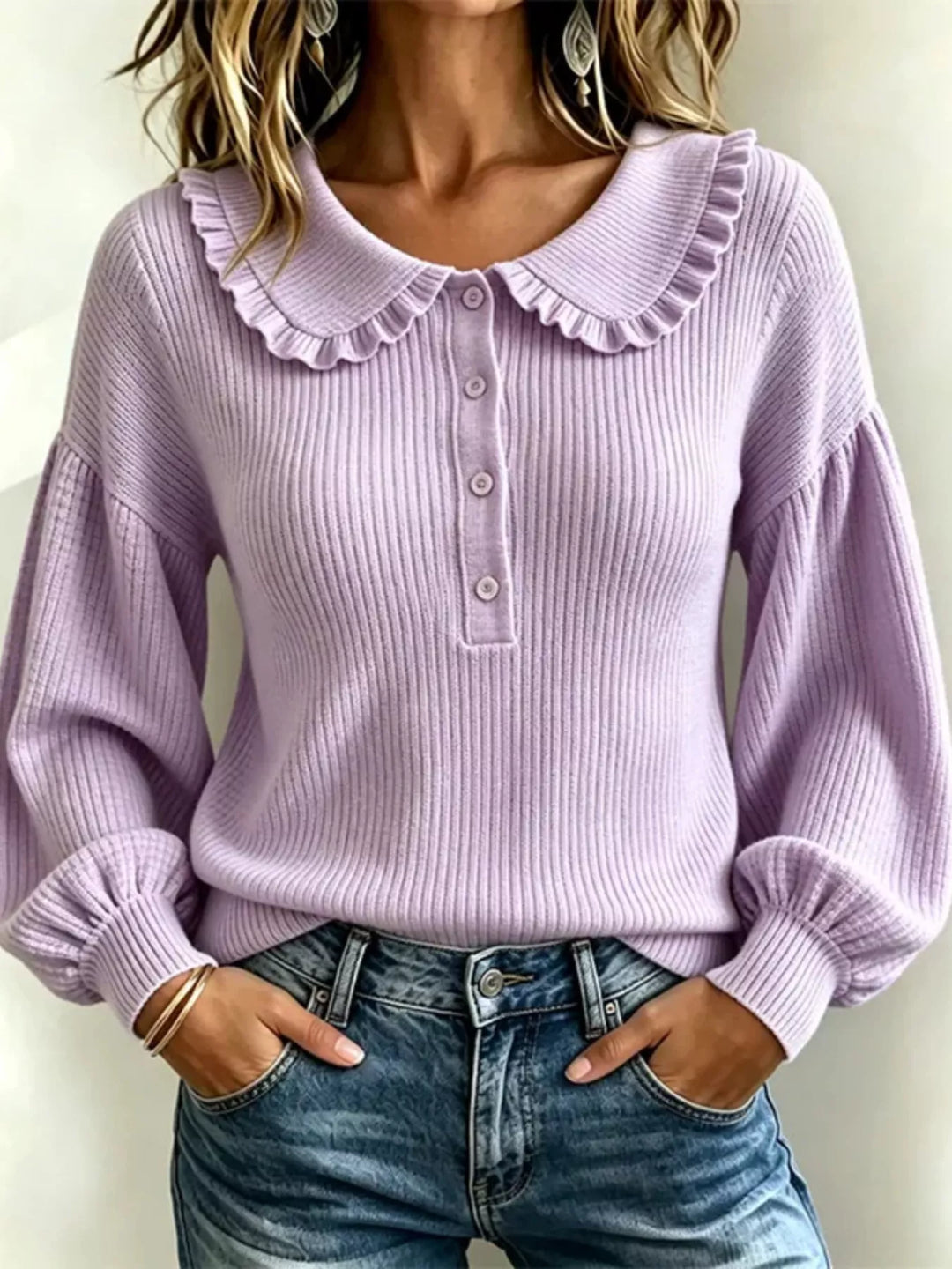 Lavender Ruffle collar ribbed knit sweater with button placket